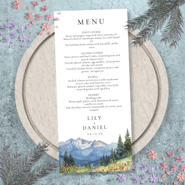 Moderne Hochzeit der Wildblume Watercolor Menükarte (Modern Watercolor Mountain Wildflower Wedding Menu)