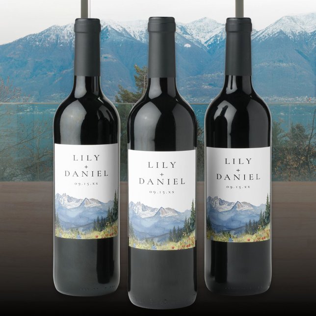 Moderne Hochzeit der Wildblume Watercolor Weinetikett (Modern Watercolor Mountain Wildflower Wedding Wine Label)