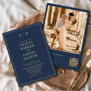 Moderne Hochzeit des Blue Gold Foto QR Code Einladung