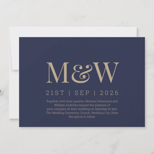 Moderne Hochzeit des Blue Gold Monogram Einladung (Vorderseite)