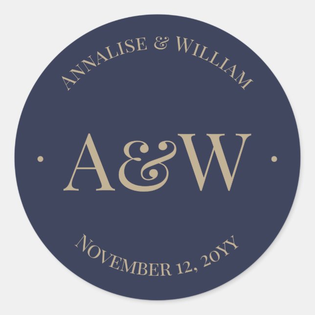 Moderne Hochzeit des Blue Gold Monogram Runder Aufkleber (Vorderseite)