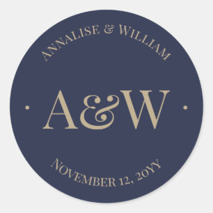 Moderne Hochzeit des Blue Gold Monogram Runder Aufkleber
