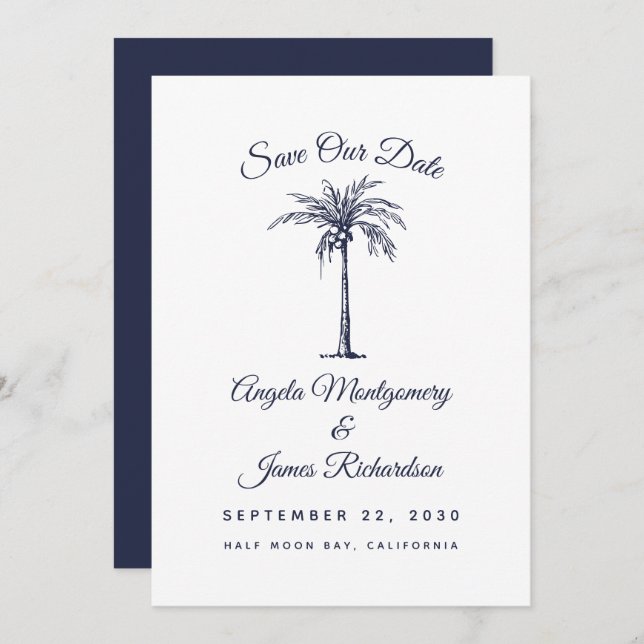 Moderne Hochzeit des Blue Palm Beach Save the Date (Vorne/Hinten)