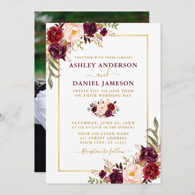 Moderne Hochzeit des Fotos Burgund Einladung (Vorne/Hinten)