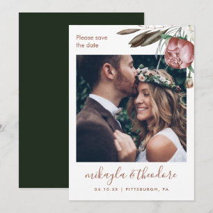 Moderne Hochzeit des grünen Boho-Fotos Save The Date