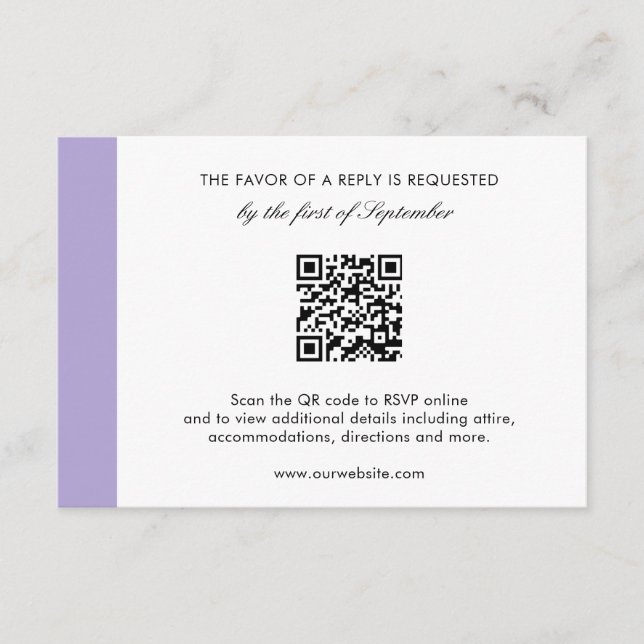 Moderne Hochzeit des Lila QR-Codes für digitale La RSVP Karte (Vorderseite)