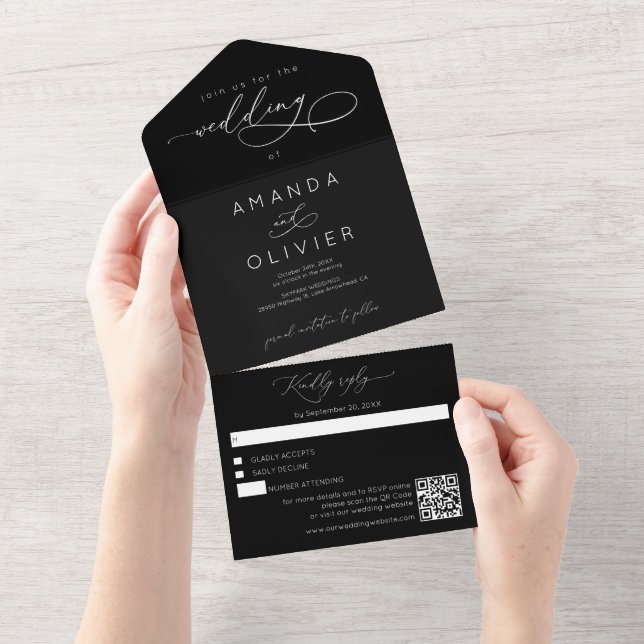 Moderne Hochzeit Elegante Chic Calligraphy Black All In One Einladung (Abreißtisch)