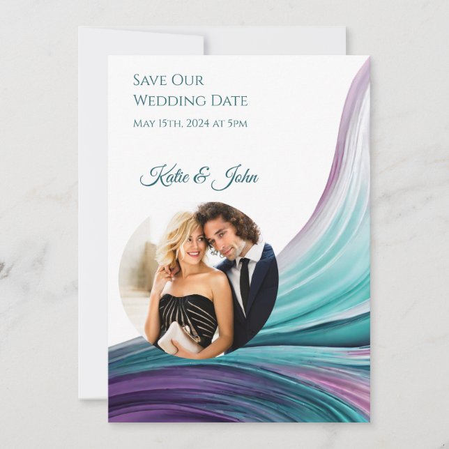 Moderne Hochzeit - Foto Lila und Aquamarin- Save The Date (Vorderseite)