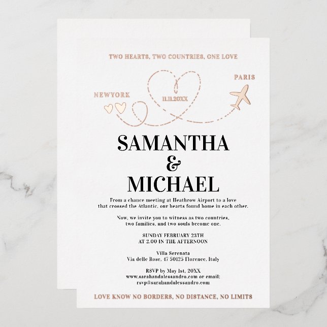 Moderne Hochzeit im Ausland Flugzeug Herz Folieneinladung (Vorderseite/Rückseite)