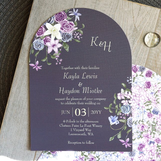 Moderne Hochzeit im Lila, blauen, grauen Rose Einladung (modern arched slate gray lavender lilac purple blue roses boho wedding invitations bluish gray solid)