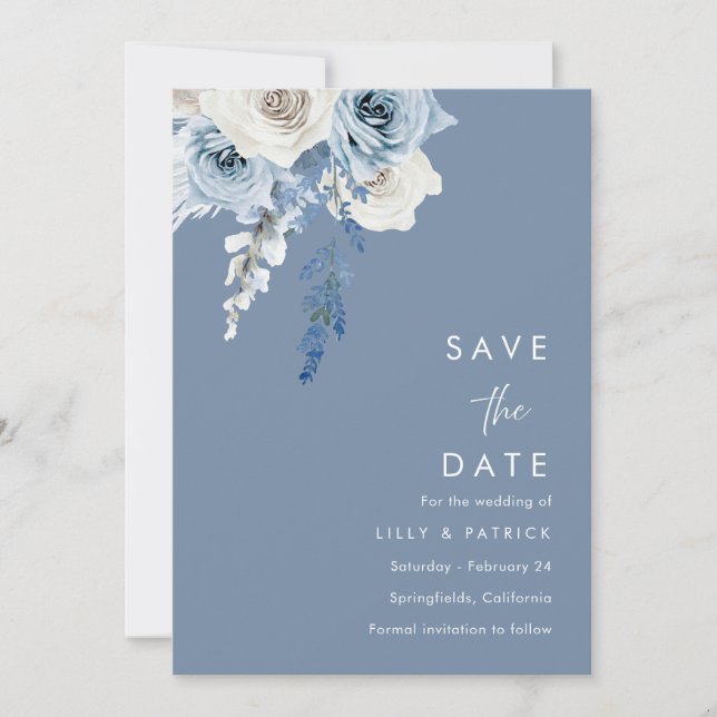 Moderne Hochzeit in Blau und Weiß Save The Date (Vorderseite)