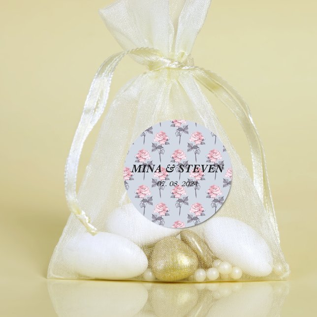 Moderne Hochzeit in Blauer Rosa Runder Aufkleber (Von Creator hochgeladen)