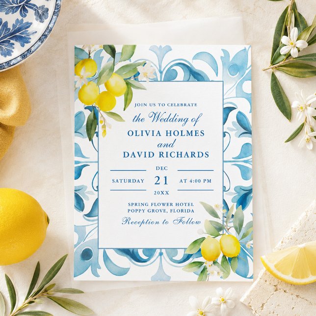 Moderne Hochzeit in Blauer Tile und Lemon Einladung (Amalfi Coast Lemon Blue Tile Wedding Invitation)