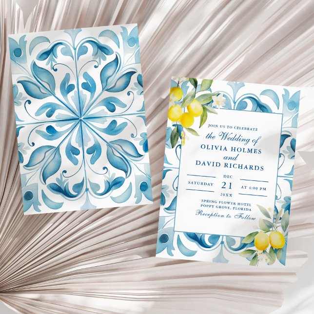 Moderne Hochzeit in Blauer Tile und Lemon Einladung (Modern Elegant Blue Tile and Lemon Wedding Invitation on a sunny white dry palm leaf.)
