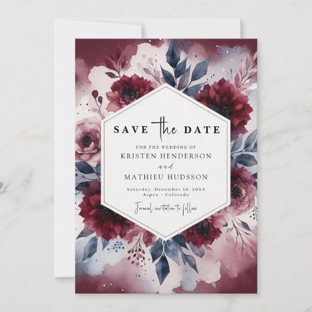 Moderne Hochzeit in Burgund Save The Date (Vorderseite)