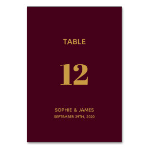 Moderne Hochzeit in Burgund und Gold Tischnummer