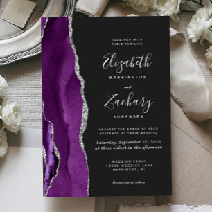 Moderne Hochzeit in Dunkel mit Lila und Silber Ach Folieneinladung