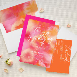 Moderne Hochzeit in heißrosa und orangefarbenem Wa Einladung
