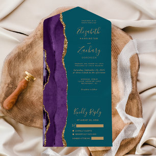 Moderne Hochzeit in Lila, Gold, Achat und Türkis All In One Einladung