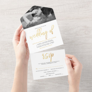 Moderne Hochzeit in moderner Goldfolien-Schrift All In One Einladung
