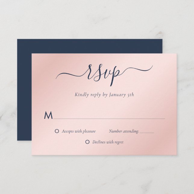 Moderne Hochzeit in Navy Blue und Blush RSVP Karte (Vorne/Hinten)