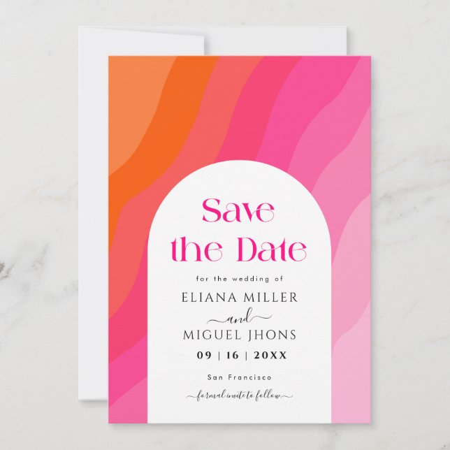 Moderne Hochzeit in Rosa und Orange Save the Date Einladung (Vorderseite)