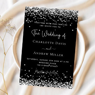 Moderne Hochzeit in Schwarz-Silber-Glitzer Einladung