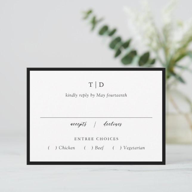 Moderne Hochzeit in Schwarz und Weiß RSVP Karte (Stehend Vorderseite)