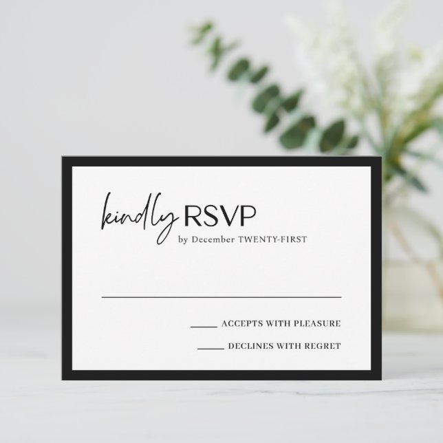 Moderne Hochzeit in Schwarz und Weiß RSVP Karte (Stehend Vorderseite)