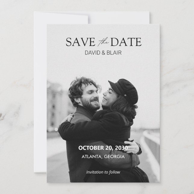 Moderne Hochzeit in Schwarz-Weiß-Foto Save The Date (Vorderseite)