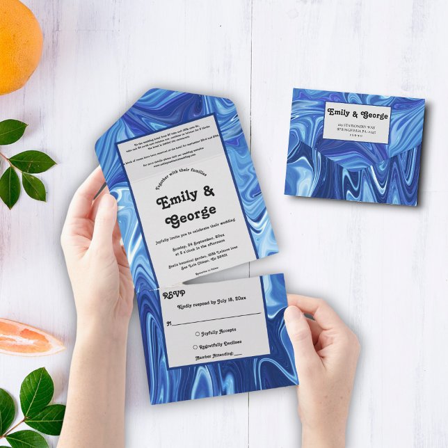 Moderne Hochzeit mit Abstraktem Ölgemälde in Navy All In One Einladung (Von Creator hochgeladen)