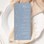 Moderne Hochzeit mit blauem Silber-Glitzer Menükarte<br><div class="desc">Die links Seite dieses eleganten,  modernen Hochzeitsmenüs besticht durch ein silbernes Imitat-Glitzer-Design. Der anpassbare Text kombiniert weiße Handschrift,  Copperplate und kursiv Schriftart auf einem staubblauen Hintergrund. Die Rückseite ist mit einem passenden dustigen blauen und silbernen Glitzer-Design versehen.</div>