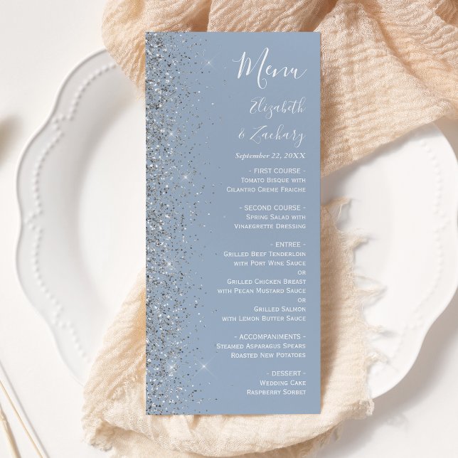 Moderne Hochzeit mit blauem Silber-Glitzer Menükarte (Von Creator hochgeladen)