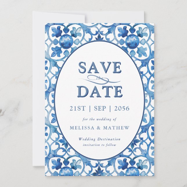 Moderne Hochzeit mit blauem weißem Mittelmeer Save The Date (Vorderseite)