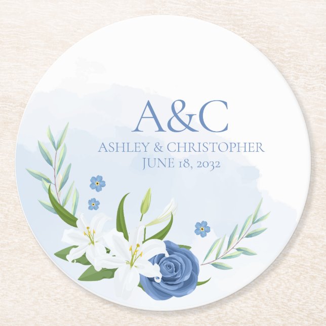 Moderne Hochzeit mit blauer Flora Runder Pappuntersetzer (Vorderseite)
