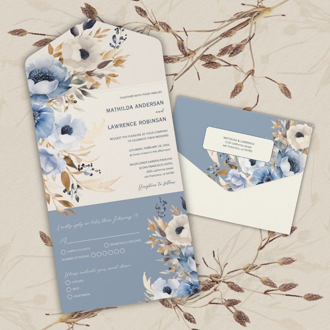 Moderne Hochzeit mit blauer Wasserfarbe All In One Einladung (Dusty Blue Floral Winter Wedding All In One Invitation)