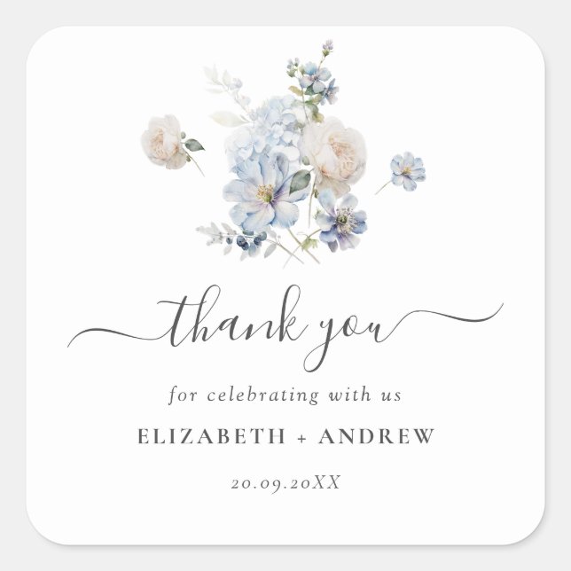 Moderne Hochzeit mit blauer Wasserfarbe Quadratischer Aufkleber (Vorderseite)