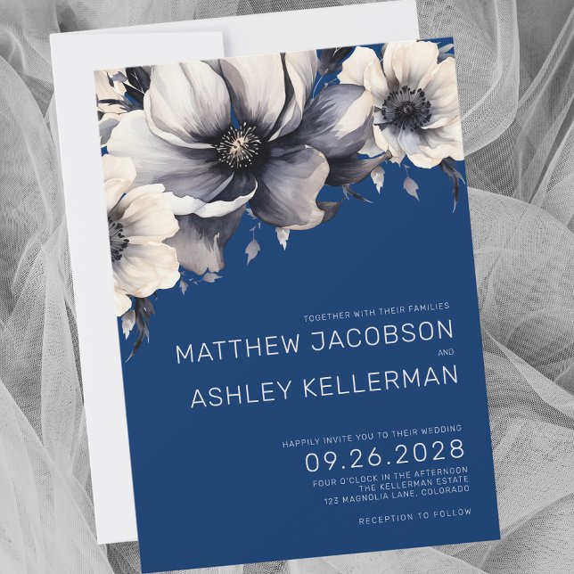 Moderne Hochzeit mit Blumen Einladung (Simple Modern Elegant Navy Blue Floral Wedding Invitation)