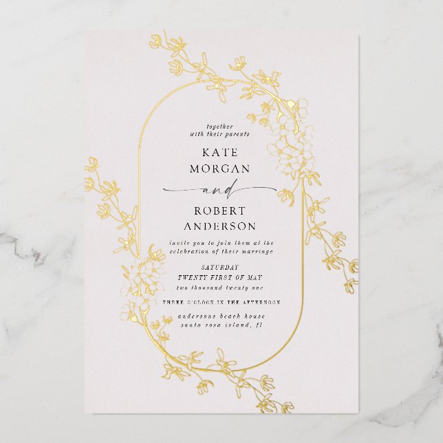 Moderne Hochzeit mit Blumen Folieneinladung (Vorderseite)