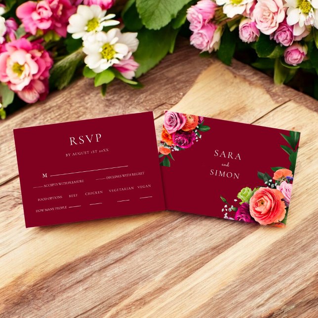 Moderne Hochzeit mit Blumen RSVP (modern burgundy wedding rsvp card with food options )