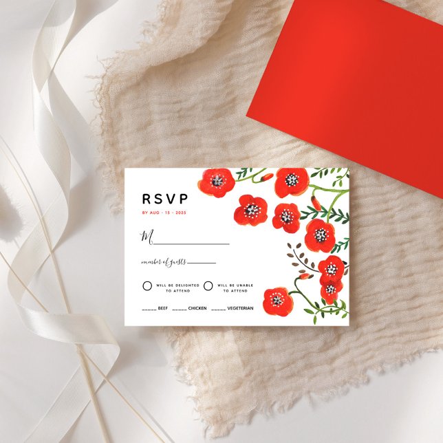 Moderne Hochzeit mit Blumen - RSVP Card Karte (Red poppies modern floral wedding RSVP Card)