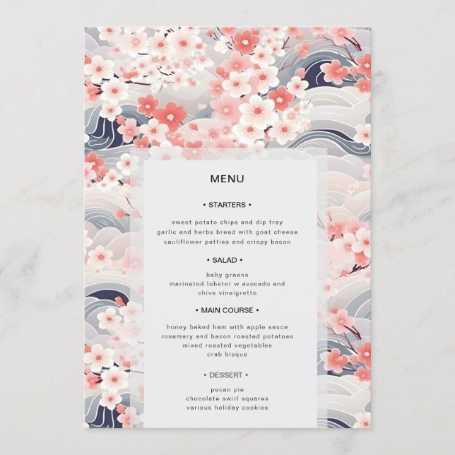 Moderne Hochzeit mit Blush Waves Sakura Blüten Menükarte (Vorderseite)