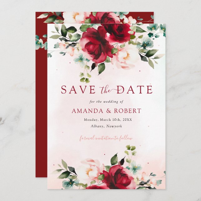 Moderne Hochzeit mit Burgunder Wasserfarbe Save The Date (Vorne/Hinten)