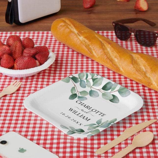 Moderne Hochzeit mit Eukalyptus-Grün Pappteller (Picknick)