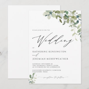 Moderne Hochzeit mit Eukalyptus-Grün-Schriftzug Einladung