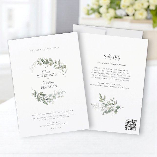 Moderne Hochzeit mit Eukalyptus-Grünzeug QR-Code-R Einladung (Von Creator hochgeladen)