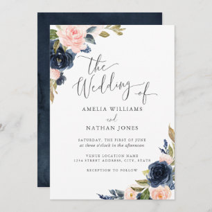Moderne Hochzeit mit floralen Navy-Blush Einladung