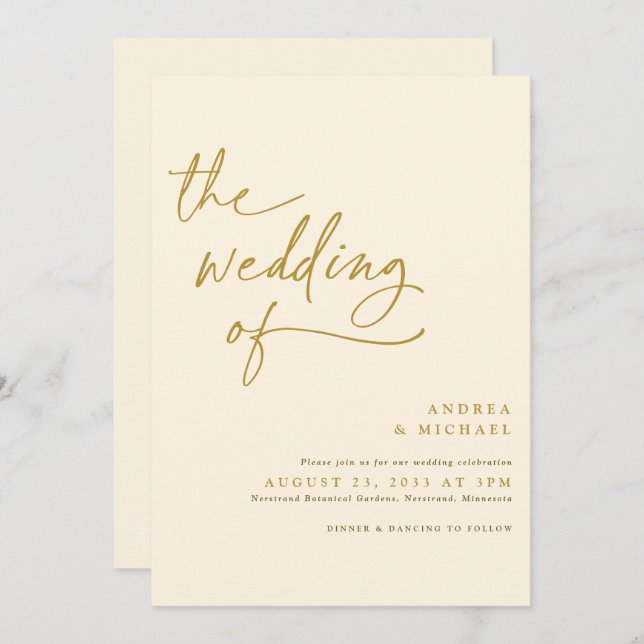 Moderne Hochzeit mit Gold und Creme Einladung