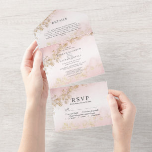 Moderne Hochzeit mit Goldflittern in Rosa Wasserfa All In One Einladung