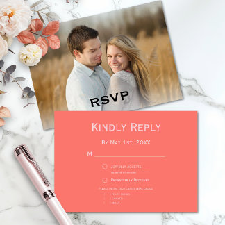 Moderne Hochzeit mit Korallen und rosa Foto RSVP Karte